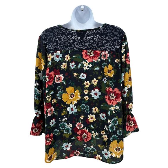 Van Heusen Floral Print Lace Detail Blouse Top WMNS M Navy Split Neck With Tie - Picture 5 of 8